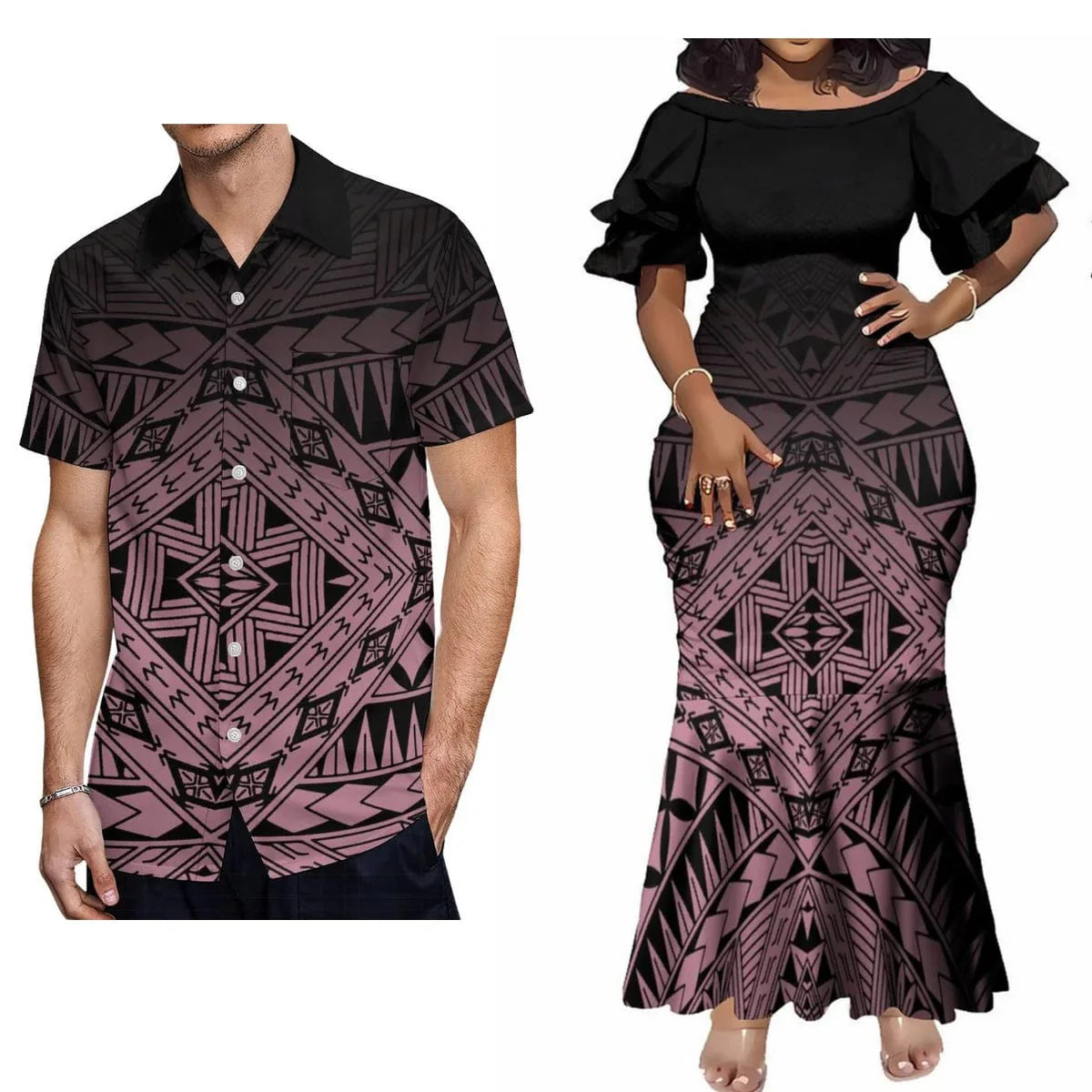 Polynesian print couple set featuring a woman’s elegant maxi dress and a matching casual shirt by Showlu Fashion Store.