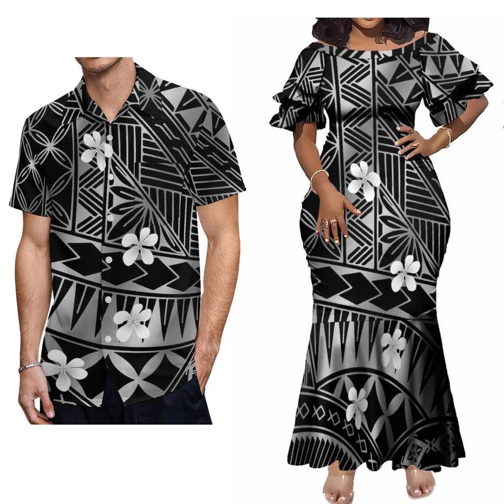 Polynesian print couple set with an elegant maxi dress for women and a casual shirt for men, perfect for warm-weather occasions.