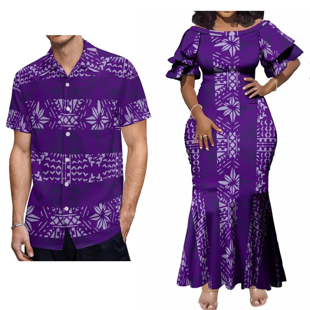 Polynesian print couple set with women's elegant maxi dress and men's casual shirt, showcasing vibrant tribal patterns.