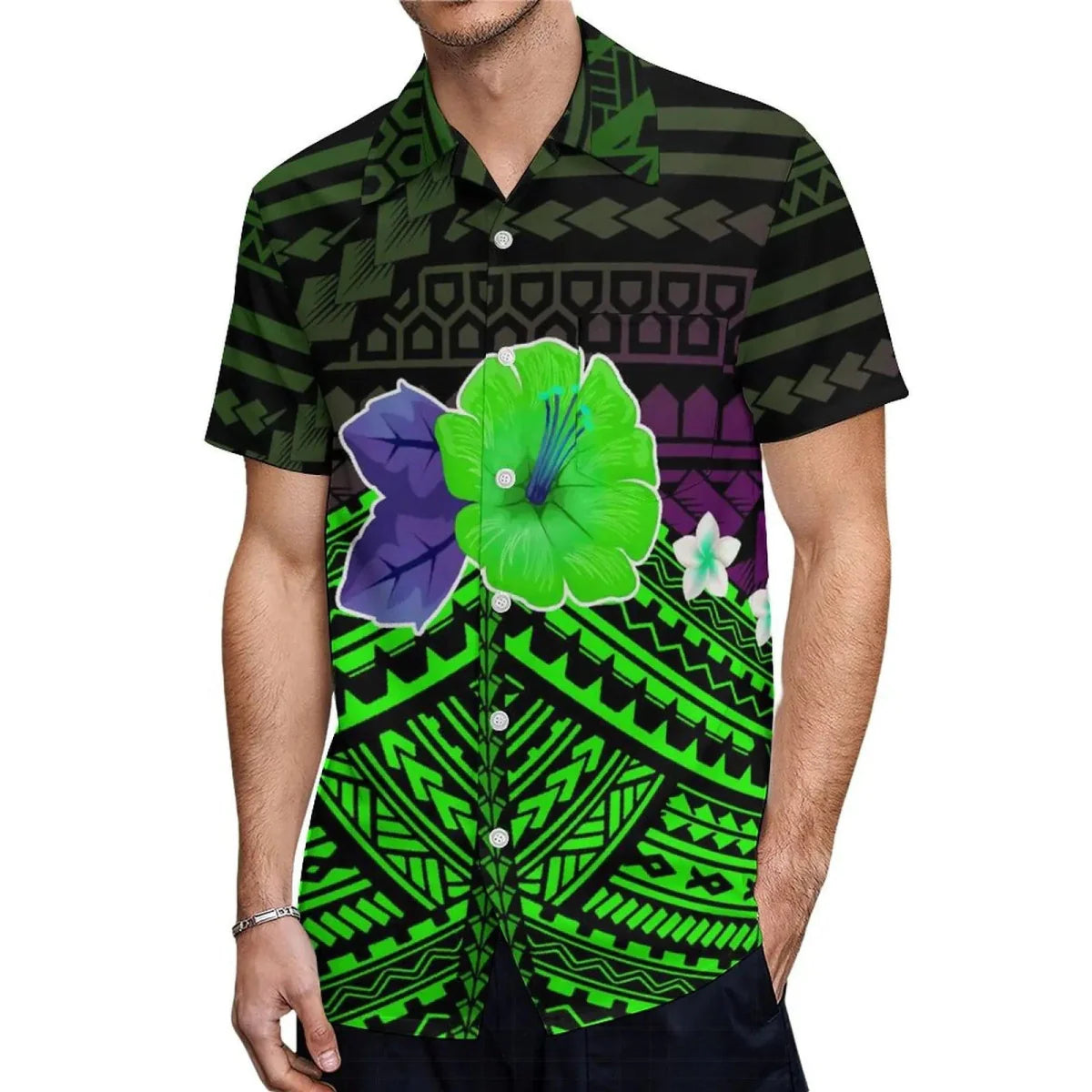 Polynesian print couple set featuring an elegant maxi dress for women and a casual shirt for men, perfect for tropical occasions.