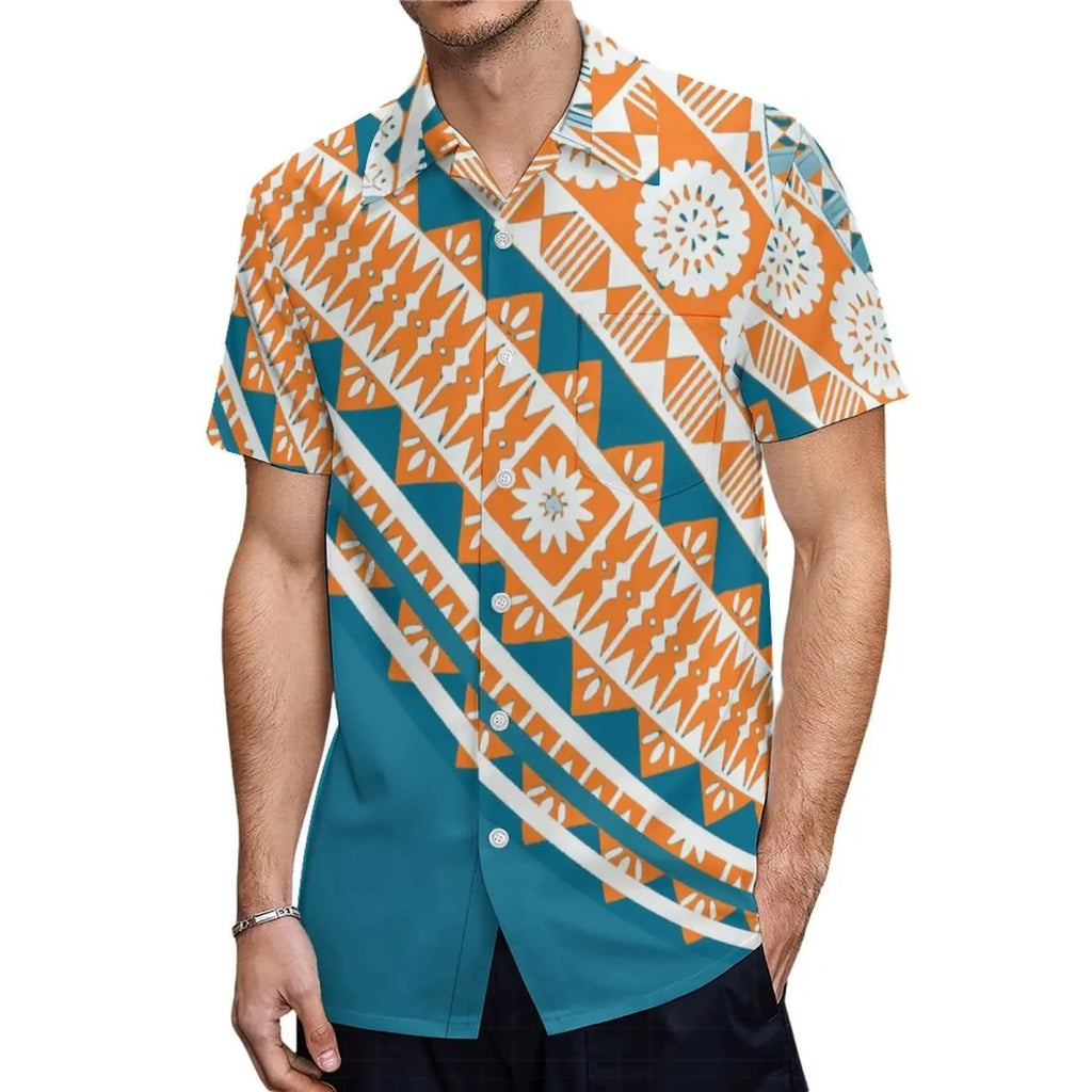 Polynesian print couple set featuring a woman's elegant maxi dress and a man's casual shirt by Showlu Fashion Store.