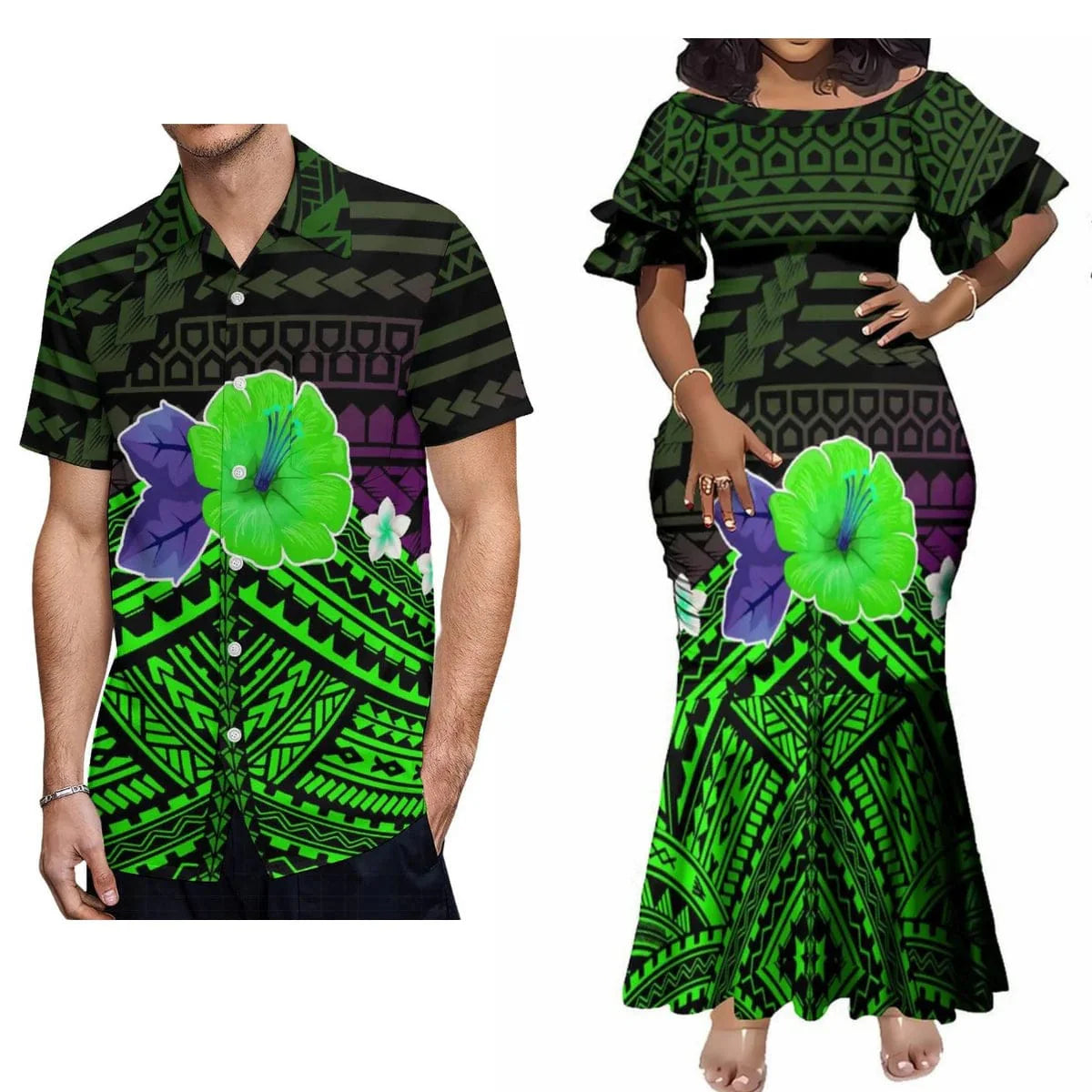 Polynesian print couple set including an elegant maxi dress for women and a casual shirt for men by Showlu Fashion Store.