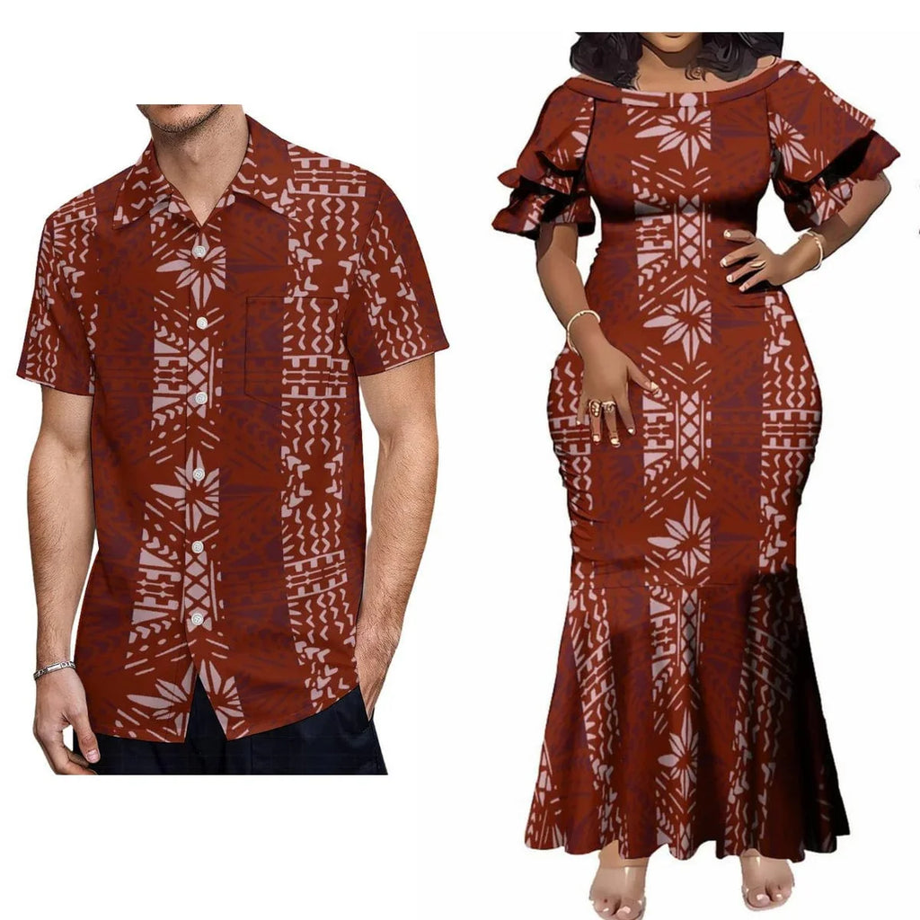Showlu Fashion Polynesian print couple set with women's elegant maxi dress and men's casual shirt, featuring vibrant tribal patterns.