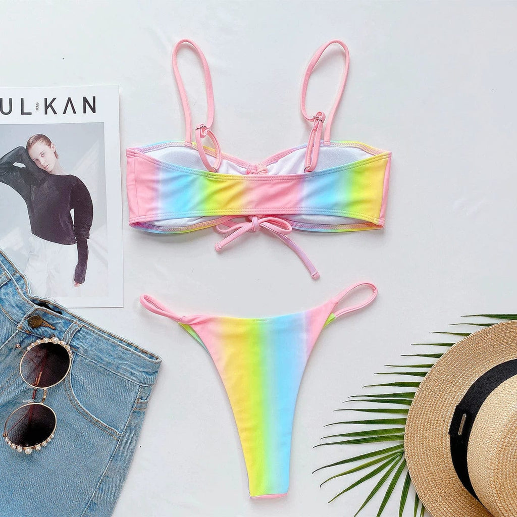 Colorful tie-dye T-back bikini for women featuring a split design, perfect for beachwear and summer swimming.