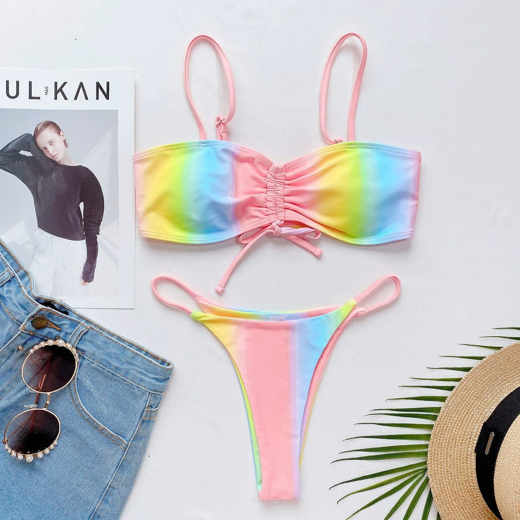 Women's tie-dye T-back bikini from Showlu Fashion, featuring a vibrant split swimsuit design and stylish swimwear fit.