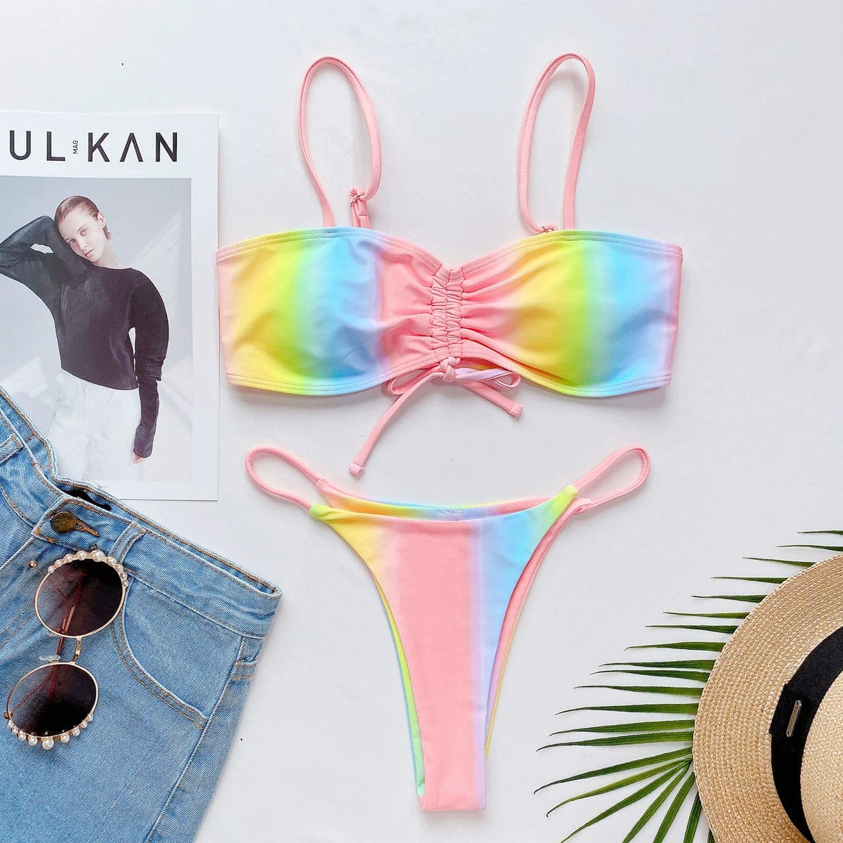Women's tie-dye T-back bikini from Showlu Fashion, featuring a vibrant split swimsuit design and stylish swimwear fit.