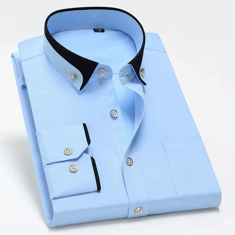Men's long sleeve dress shirt by Faboten with contrast collar, black and blue, featuring anti-wrinkle fabric and button-down design.
