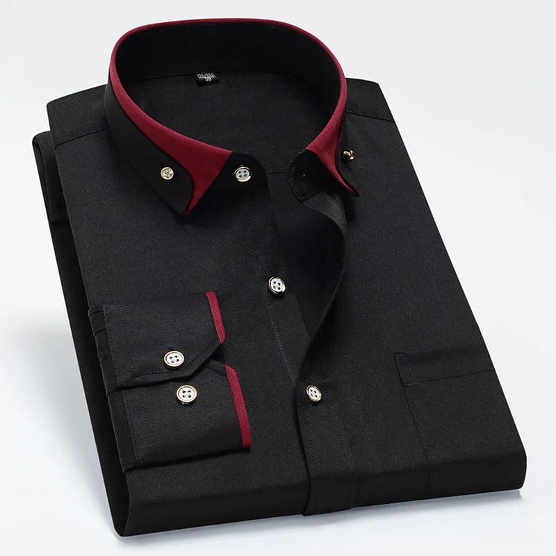 Faboten men's long sleeve dress shirt with contrast collar, anti-wrinkle fabric, black and blue, button-down style.