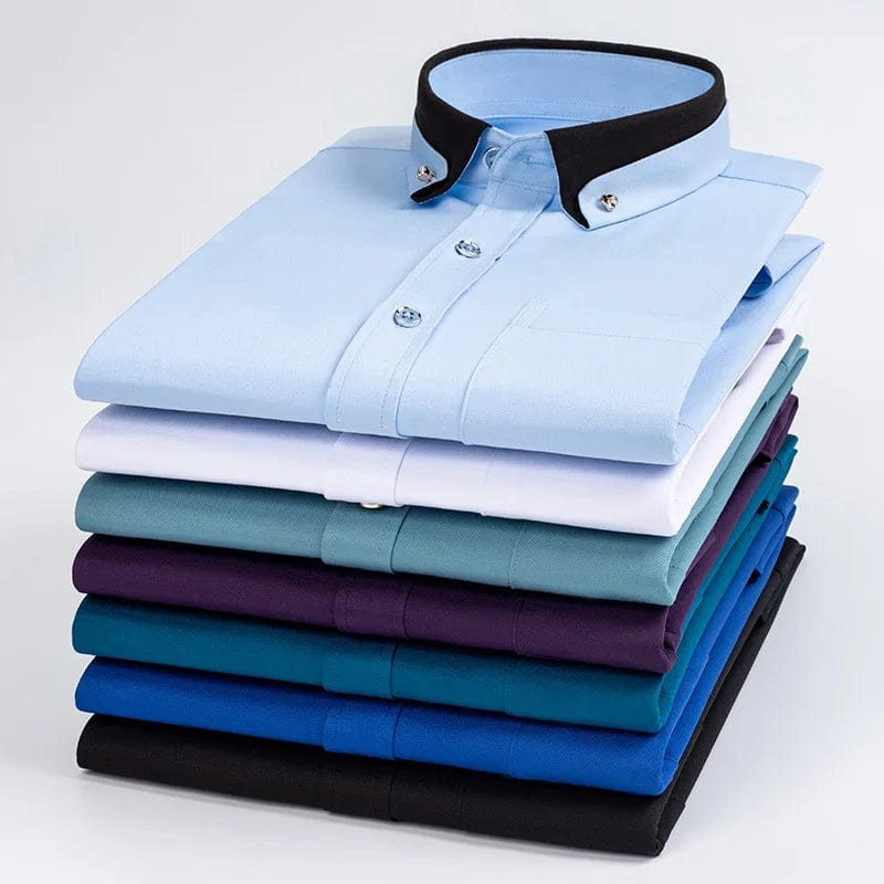 Faboten men's long sleeve dress shirt with contrast collar, black and blue, anti-wrinkle fabric, button-down style.