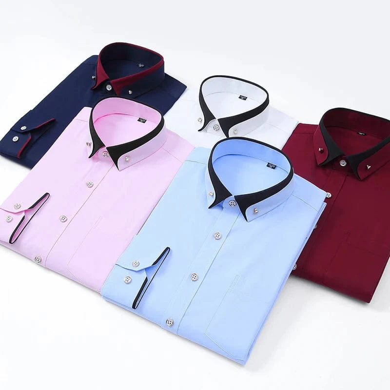 Men's long sleeve dress shirt by Faboten with contrast collar, anti-wrinkle fabric, black and blue colors, button-down style.
