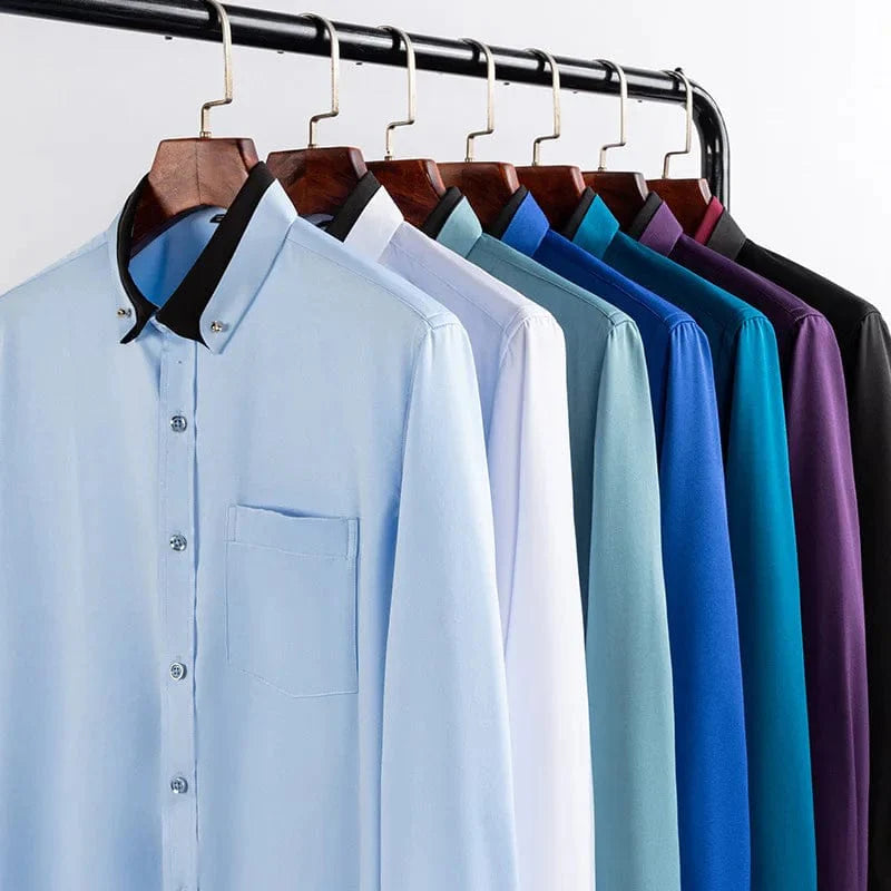 Men's long sleeve dress shirt by Faboten with contrast collar, anti-wrinkle fabric, black and blue, button-down style.