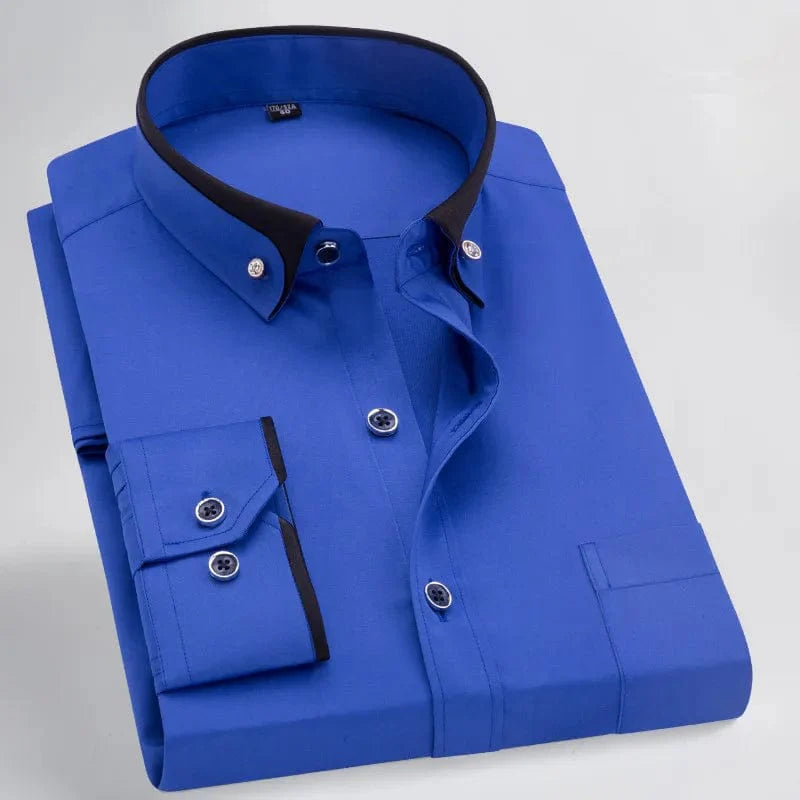 Men's long sleeve dress shirt by Faboten with contrast collar, anti-wrinkle fabric, black and blue color, button-down style.