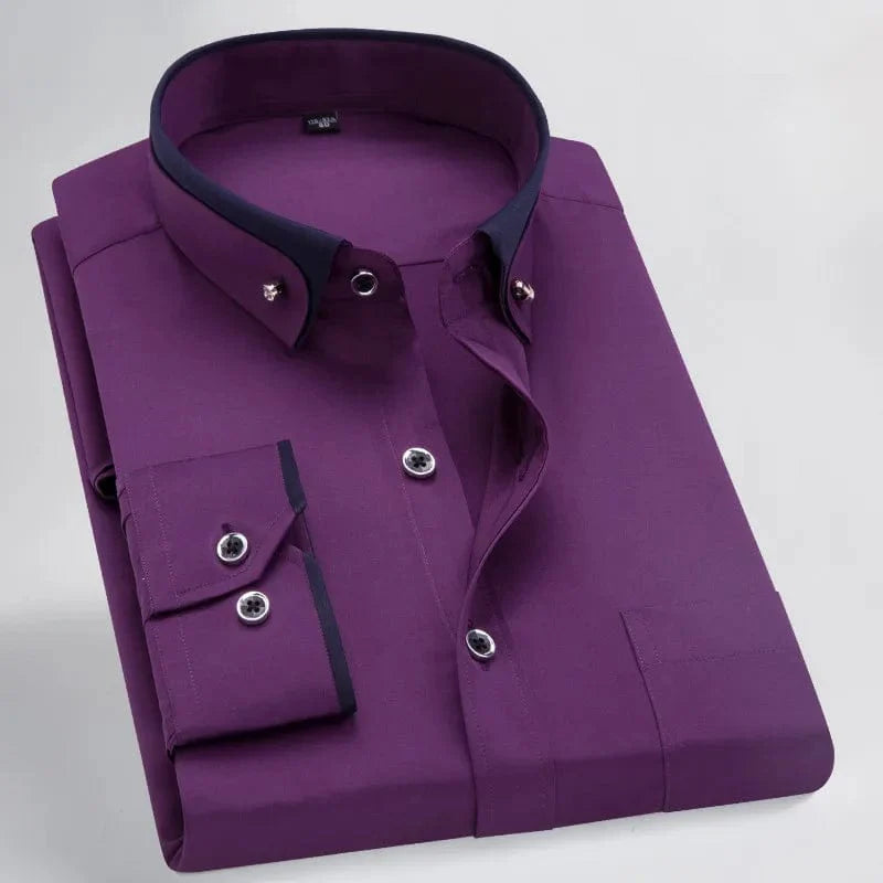 Faboten men's long sleeve dress shirt with anti-wrinkle fabric and contrast collar, featuring button-down design in black and blue.