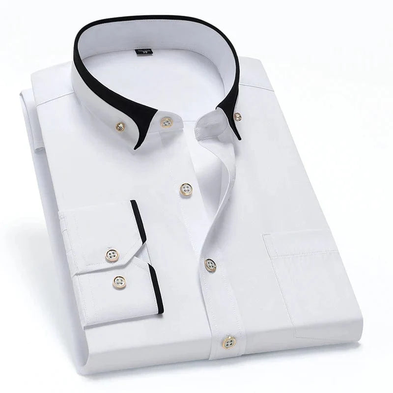 Men's long sleeve dress shirt by Faboten with contrast collar, black and blue, featuring anti-wrinkle fabric and button-down design.