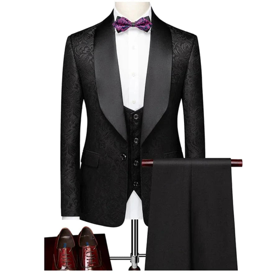 Black men's 3-piece wedding tuxedo by SHOWLU FASHION with shawl lapel, slim fit, featuring jacket, pants, vest, and tie.