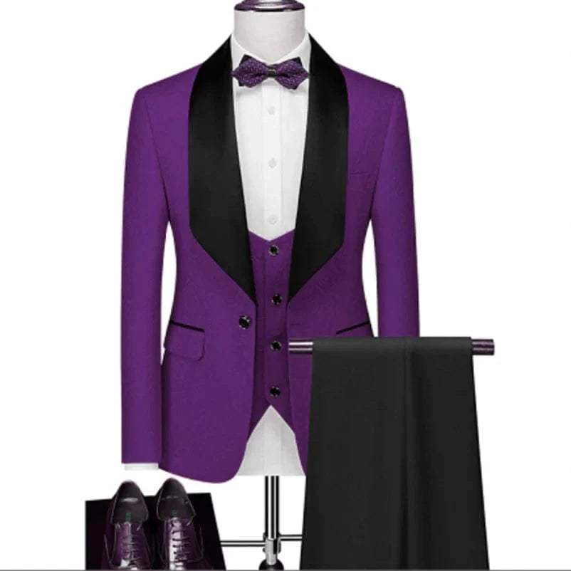 Black men's 3-piece wedding tuxedo with shawl lapel, slim fit, from SHOWLU FASHION STORE, featuring jacket, pants, vest, and tie.