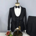 Black men's 3-piece wedding tuxedo with shawl lapel, slim fit, shown with jacket, pants, vest, and tie for formal groom or groomsmen attire.