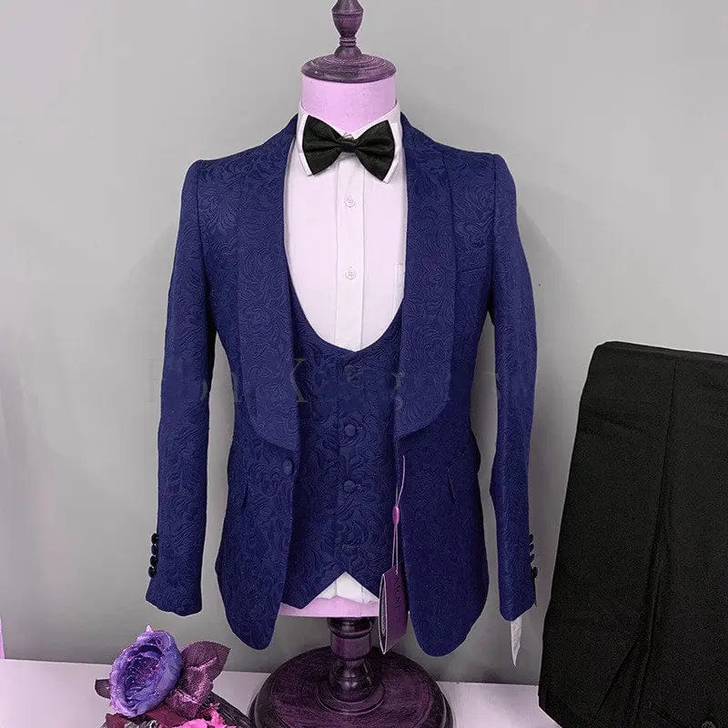 Black men's 3-piece wedding tuxedo with shawl lapel, slim fit, showing jacket, pants, vest, and tie for grooms and groomsmen.