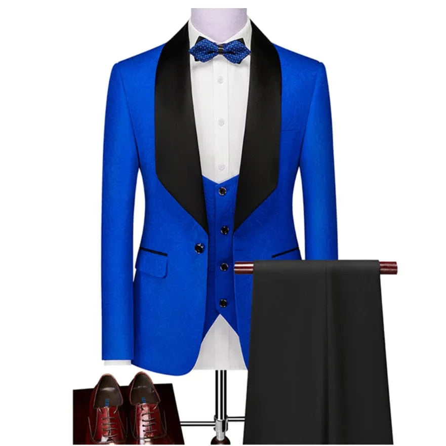 Black men's 3-piece wedding tuxedo with shawl lapel, slim fit, from SHOWLU FASHION STORE, featuring jacket, pants, vest, and tie.