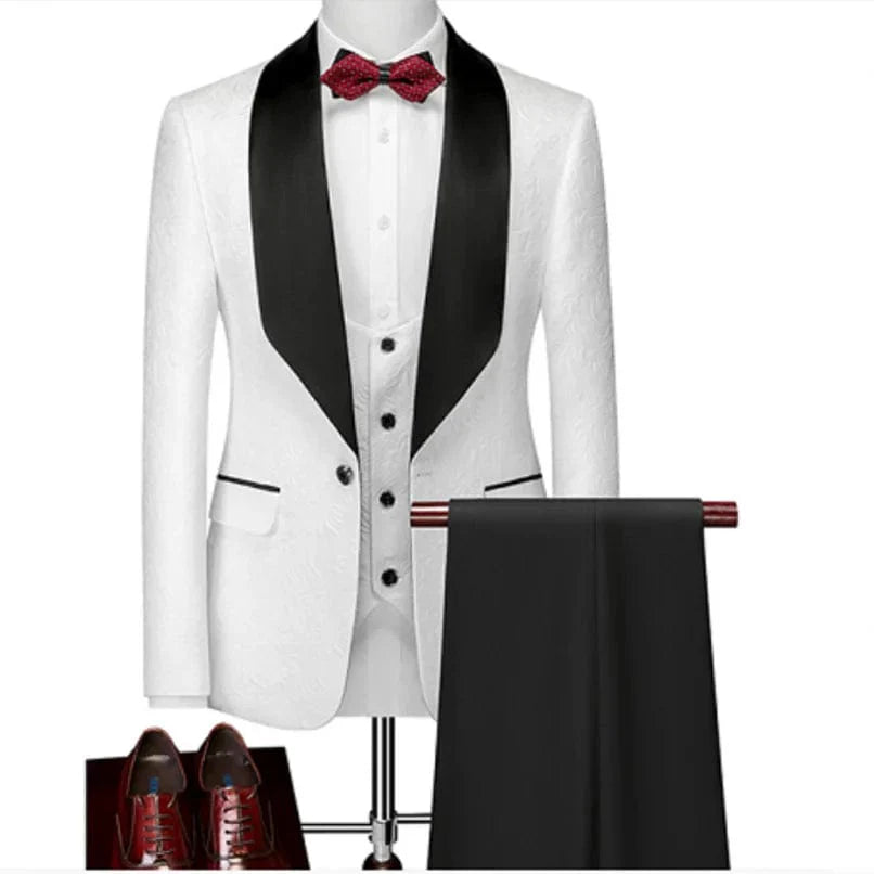 Black men's 3-piece wedding tuxedo with shawl lapel, slim fit, from SHOWLU FASHION STORE, featuring jacket, pants, vest, and tie.