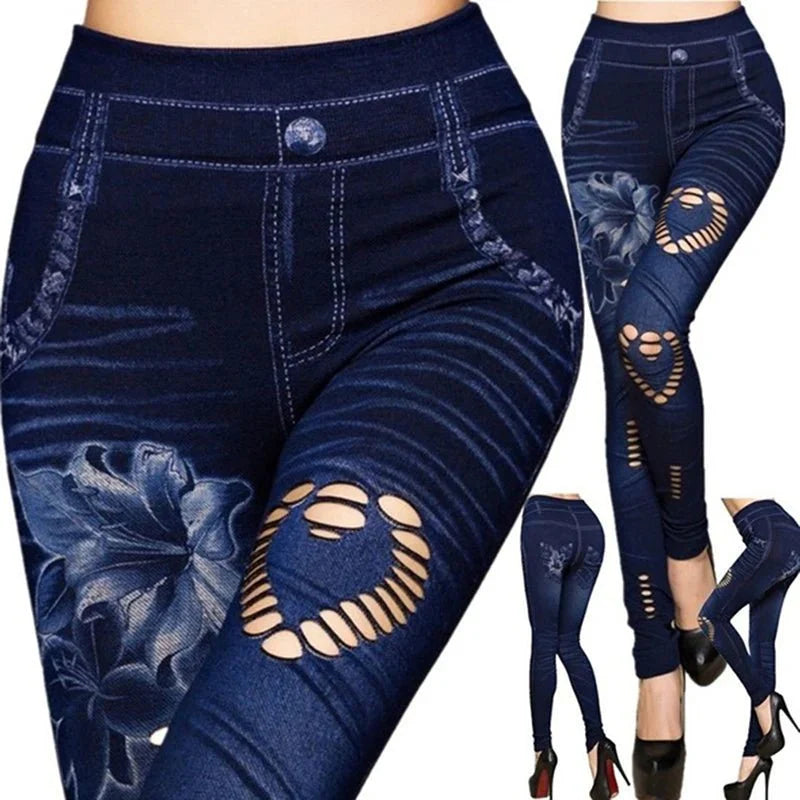 Women's high waist denim print skinny jeggings from SHOWLU FASHION, featuring slim fit, ankle length, and stylish pattern.