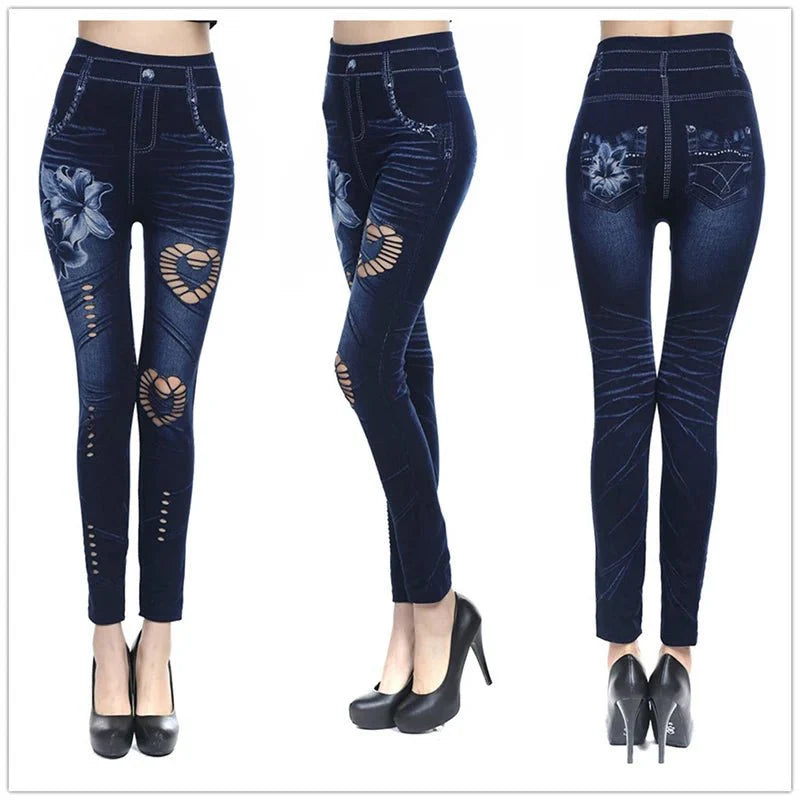 Women's high waist denim print skinny jeggings with slim fit, ankle-length design, showcasing a stylish, figure-hugging denim look.