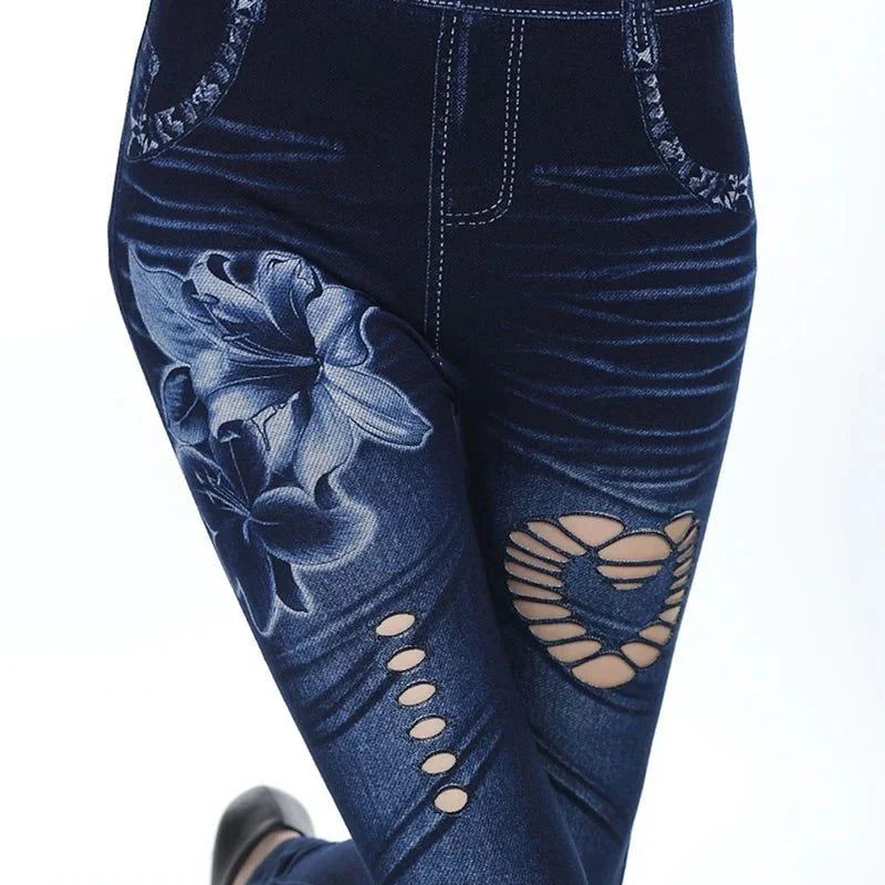Women's high waist denim print skinny jeggings by SHOWLU FASHION STORE, ankle-length slim leggings with stylish print design.