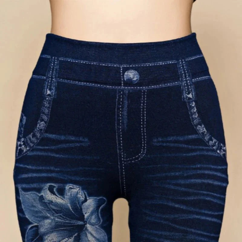 Women's high waist denim print skinny jeggings by SHESALOE, showcasing slim fit, ankle length, and stylish denim design.