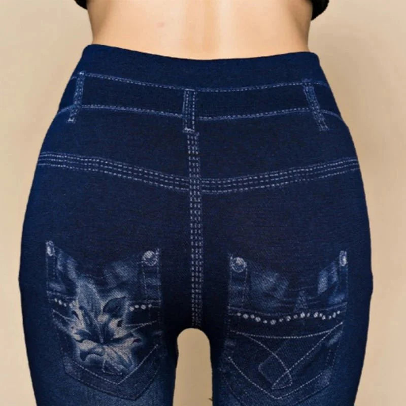 Women's high waist denim print skinny jeggings by SHOWLU FASHION STORE, ankle-length slim fit leggings with stylish print design.