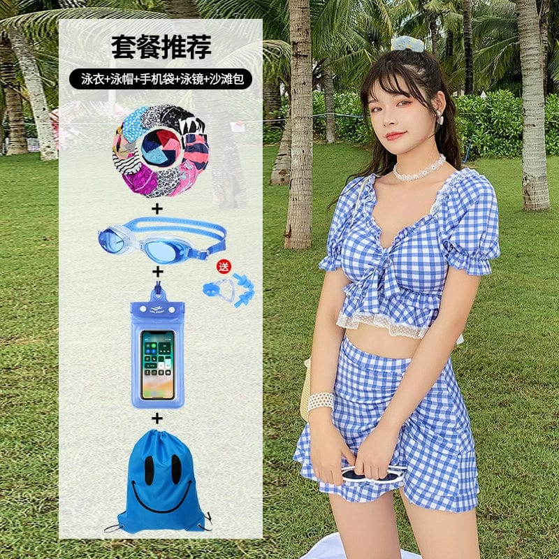 Showlu Fashion Two-Piece Split Swimsuit with conservative skirt style, suitable for hot springs and casual swimming.