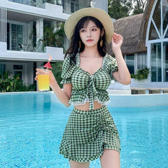 Hot Spring Bathing Swimsuit Female Split Two - Piece Suit Conservative Skirt Boxer Gathering Small Chest Girl Swimsuit Ins Style - SHOWLU FASHION STORE