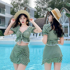 Hot Spring Bathing Swimsuit Female Split Two - Piece Suit Conservative Skirt Boxer Gathering Small Chest Girl Swimsuit Ins Style - SHOWLU FASHION STORE