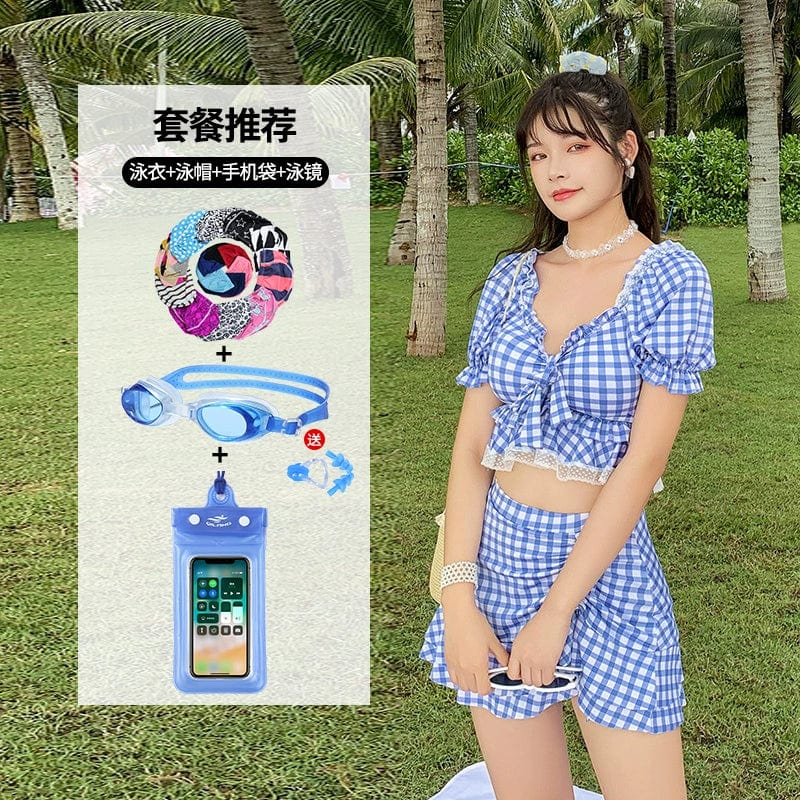 Showlu Fashion Two-Piece Split Swimsuit with a conservative skirt style, perfect for hot springs and modest beachwear.