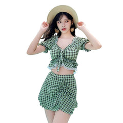 Hot Spring Bathing Swimsuit Female Split Two - Piece Suit Conservative Skirt Boxer Gathering Small Chest Girl Swimsuit Ins Style - SHOWLU FASHION STORE