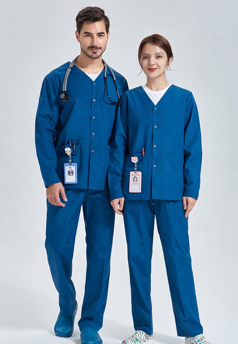 Unisex medical scrubs from Showlu Fashion with stretch fabric, featuring a comfortable uniform set for healthcare professionals.
