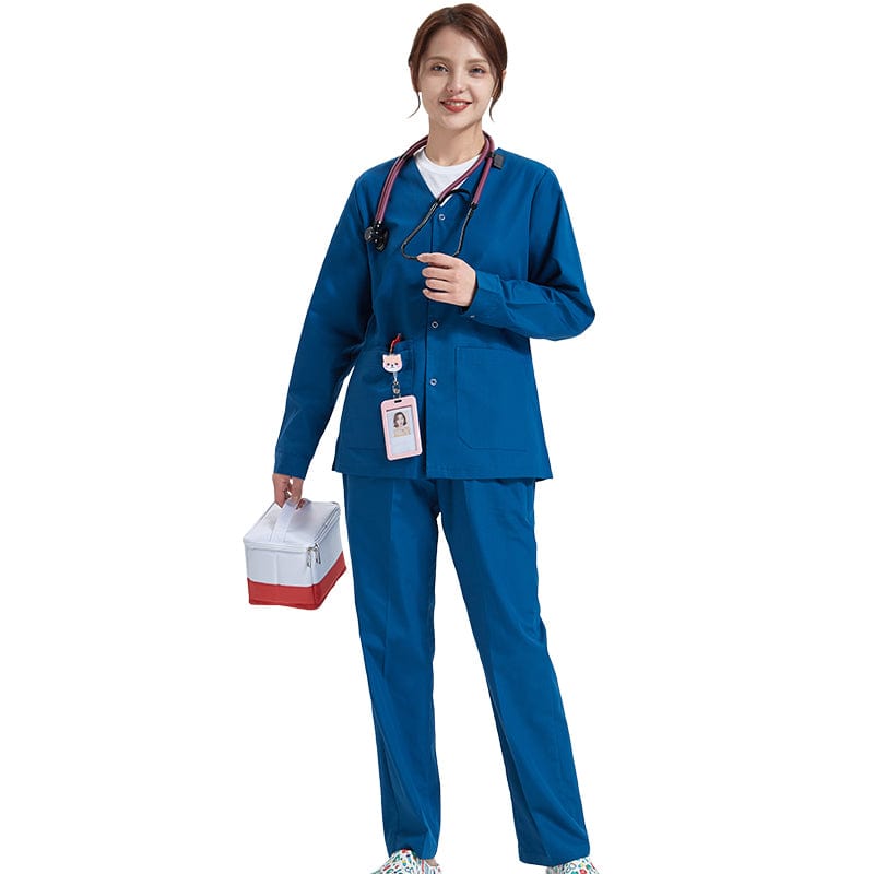 Unisex medical scrub uniform set by Showlu Fashion with stretch fabric, featuring a comfortable and professional design for healthcare workers.