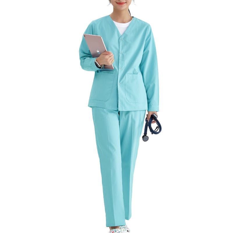 Unisex medical scrub set by Showlu Fashion with stretch fabric, featuring a comfortable, professional design for healthcare workers.