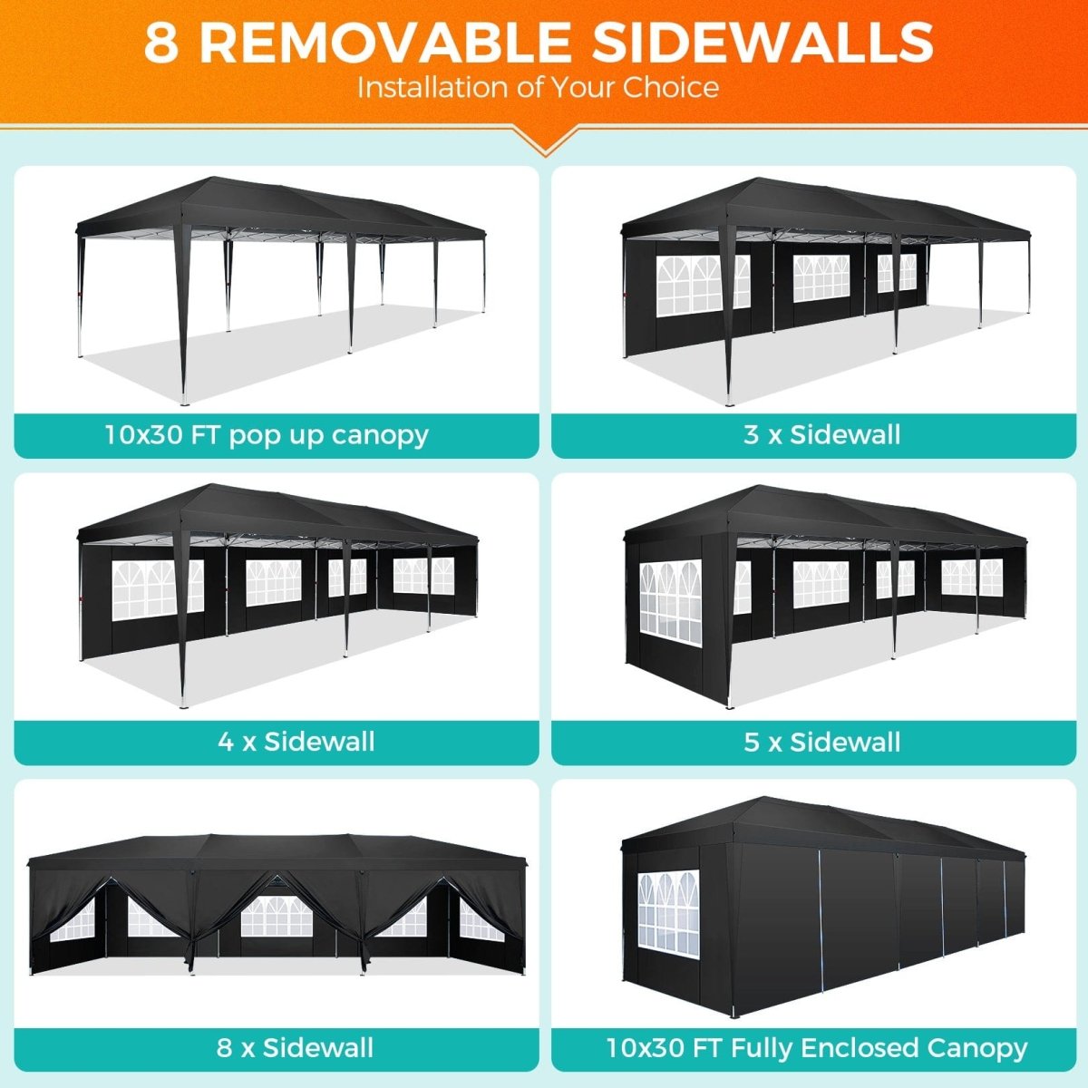 Hoteel 10x30 pop-up canopy tent with waterproof fabric, 8 sidewalls, and tote bag, ideal for outdoor parties and events.