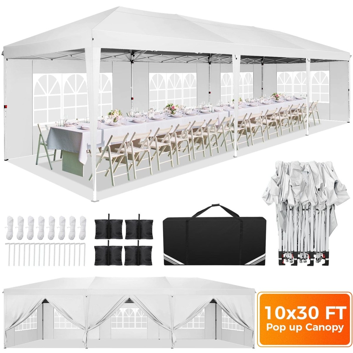 Hoteel 10x30 pop-up canopy tent with waterproof roof, 8 sidewalls, and tote bag, ideal for outdoor parties and events.
