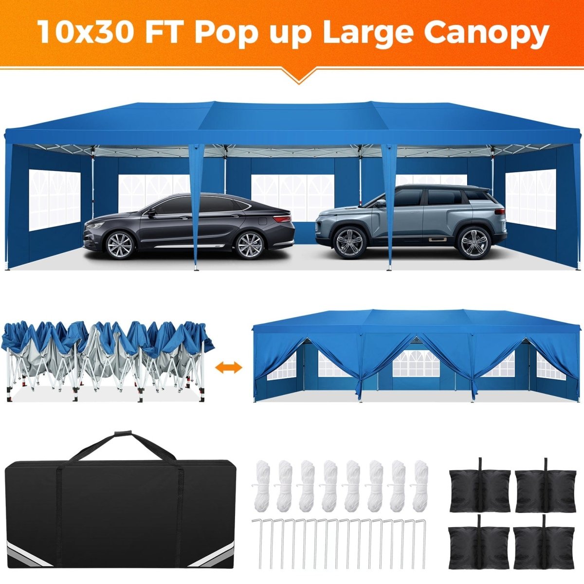 Hoteel 10x30 waterproof pop-up canopy tent with 8 sidewalls, portable shelter for outdoor events and parties, includes tote bag
