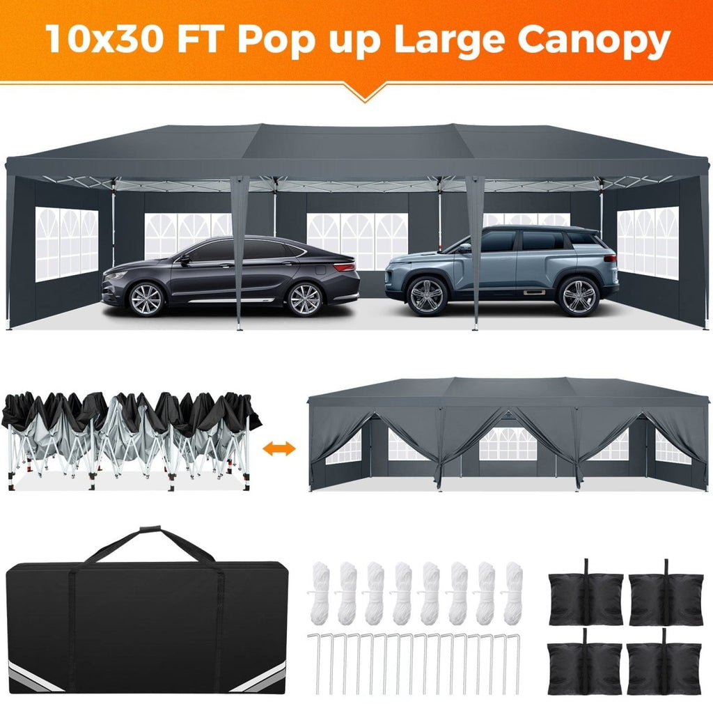 Hoteel 10x30 waterproof pop-up canopy tent with 8 removable sidewalls, commercial instant shelter for events and outdoor gatherings