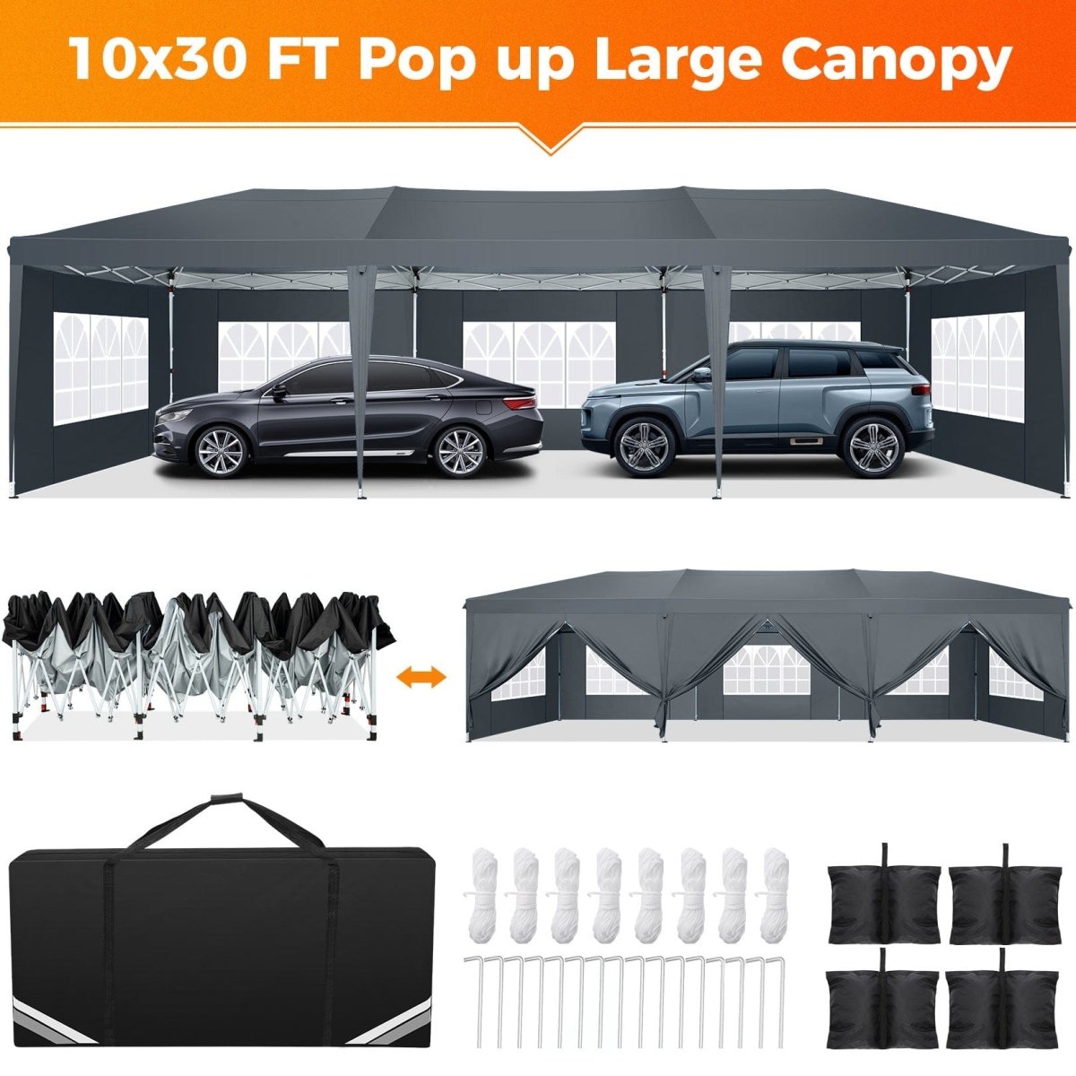 Hoteel 10x30 waterproof pop-up canopy tent with 8 removable sidewalls, commercial instant shelter for events and outdoor gatherings