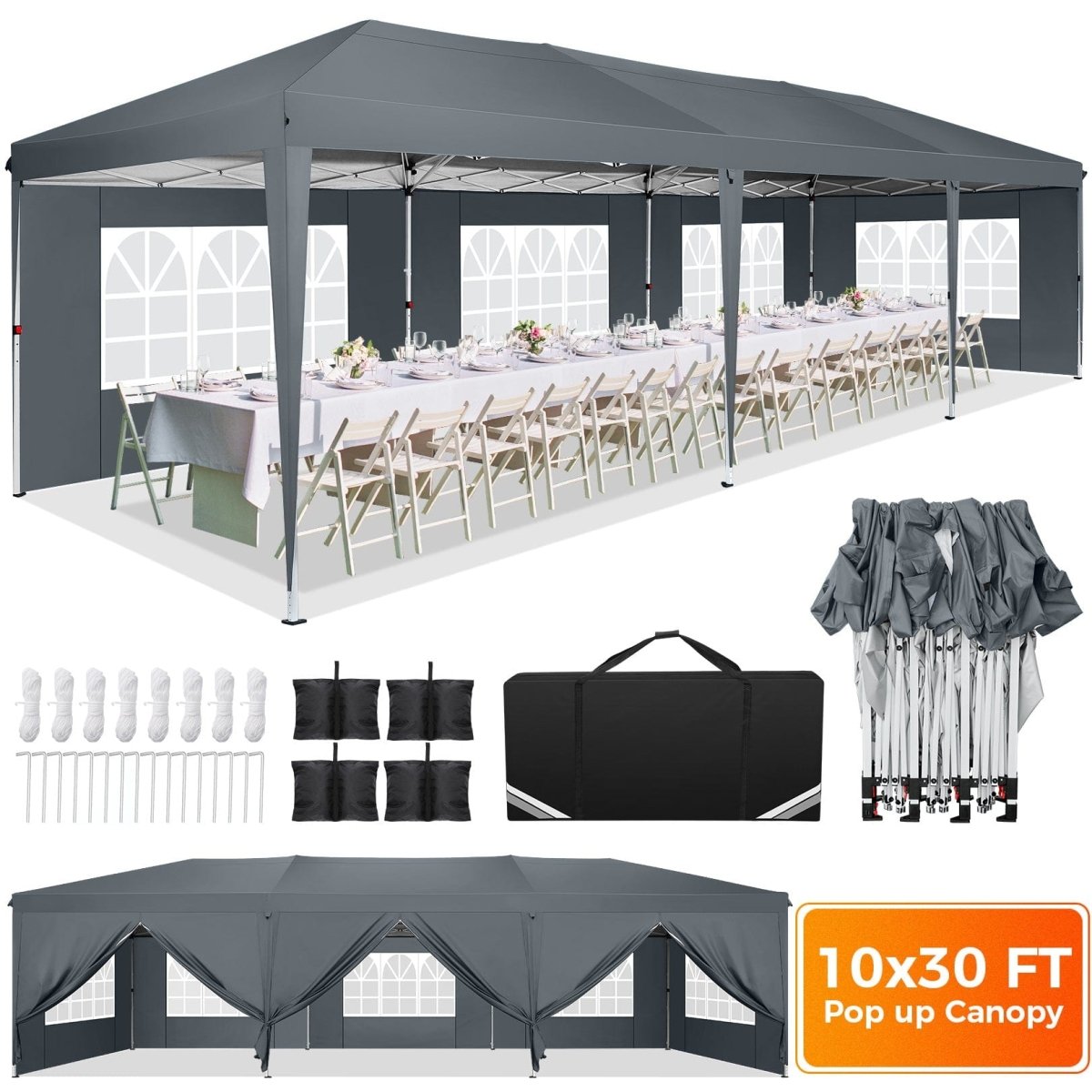 Hoteel 10x30 waterproof pop-up canopy tent with 8 removable sidewalls, ideal for outdoor parties and events, with tote bag included.