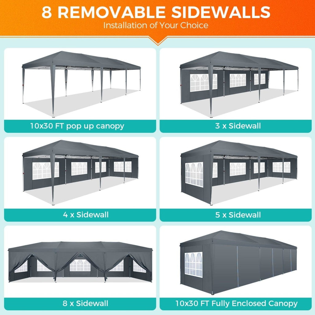 Hoteel 10x30 pop-up canopy tent with waterproof fabric, 8 removable sidewalls, and a tote bag, ideal for outdoor events.