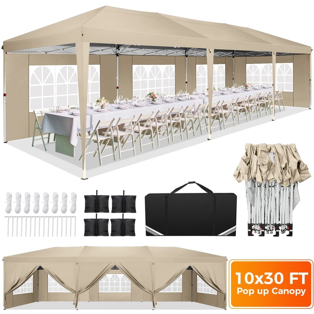 Hoteel 10x30 pop-up canopy tent with waterproof fabric, 8 sidewalls, and tote bag, ideal for outdoor parties and events.