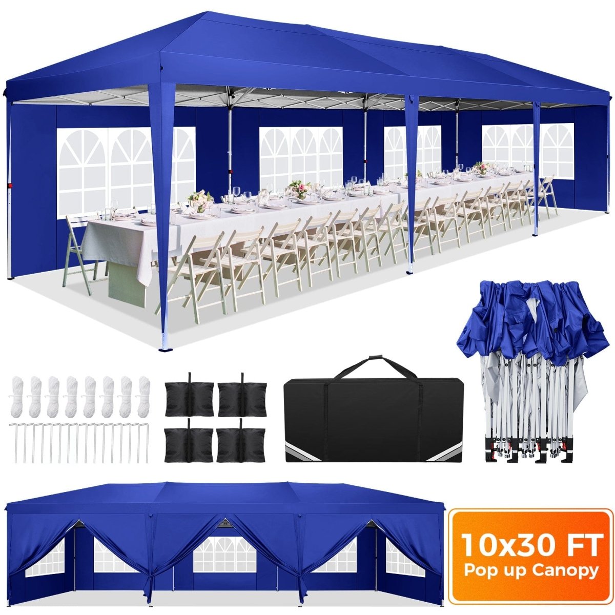 Hoteel 10x30 pop-up canopy tent with waterproof fabric, 8 sidewalls, and tote bag for outdoor weddings and parties.