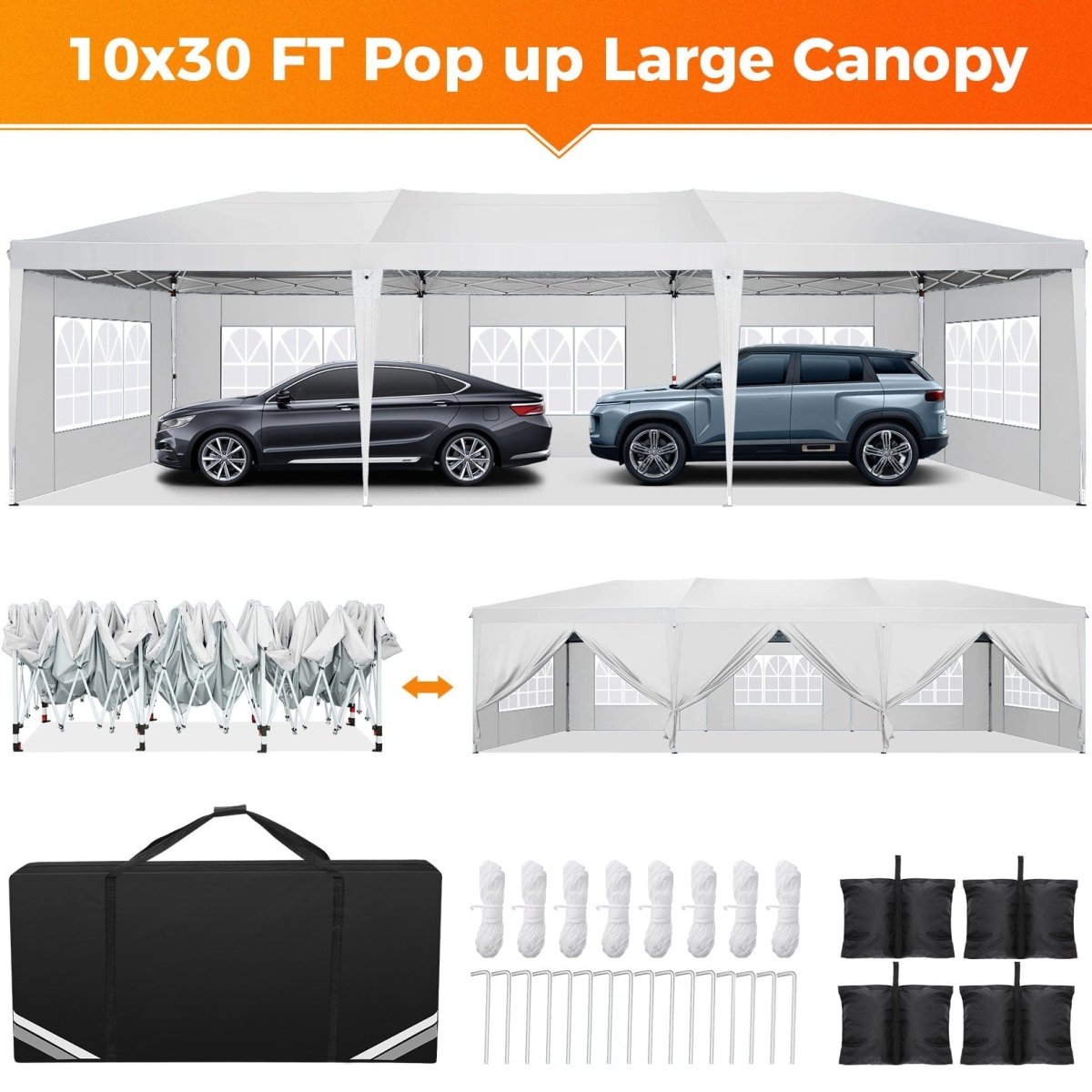Hoteel 10x30 waterproof pop-up canopy tent with 8 sidewalls and tote bag, ideal for outdoor parties and events.