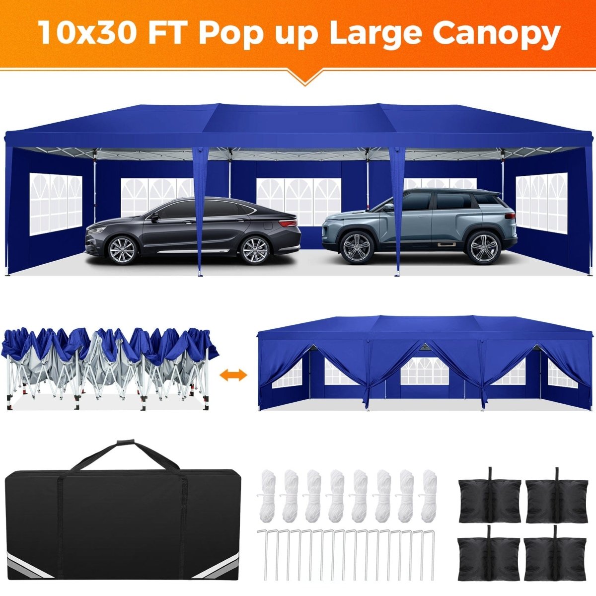 Hoteel 10x30 waterproof pop-up canopy tent with 8 removable sidewalls, ideal for outdoor parties and events, with tote bag included.