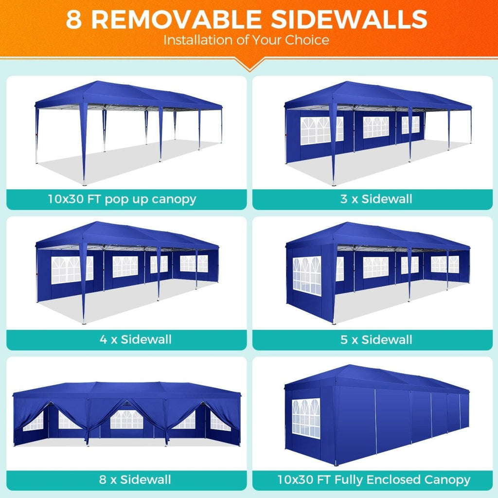 Hoteel 10x30 waterproof pop-up canopy tent with 8 sidewalls, portable shelter for events, weddings, and outdoor parties.