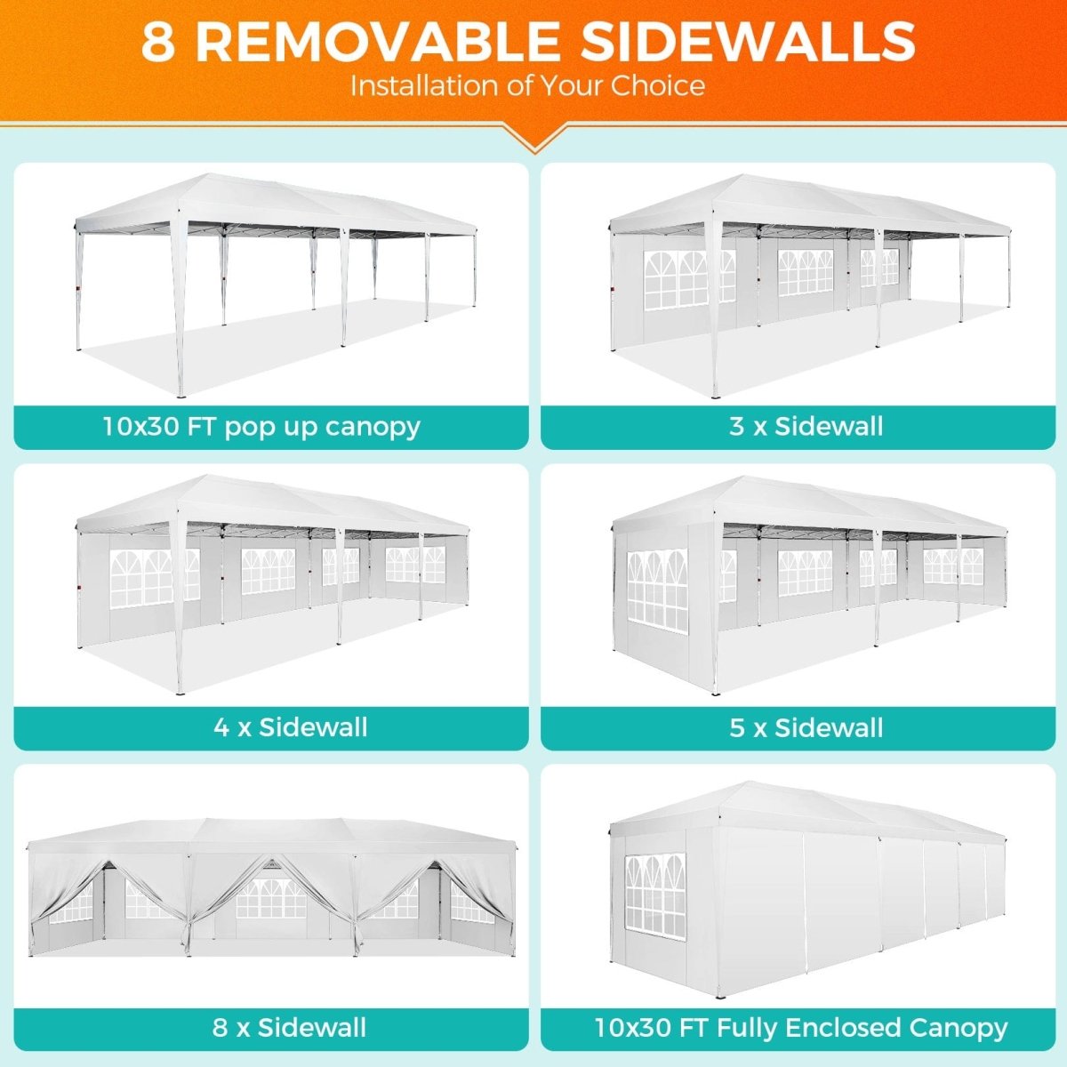 Hoteel 10x30 pop-up canopy tent with waterproof fabric, 8 removable sidewalls, suitable for outdoor events and parties.